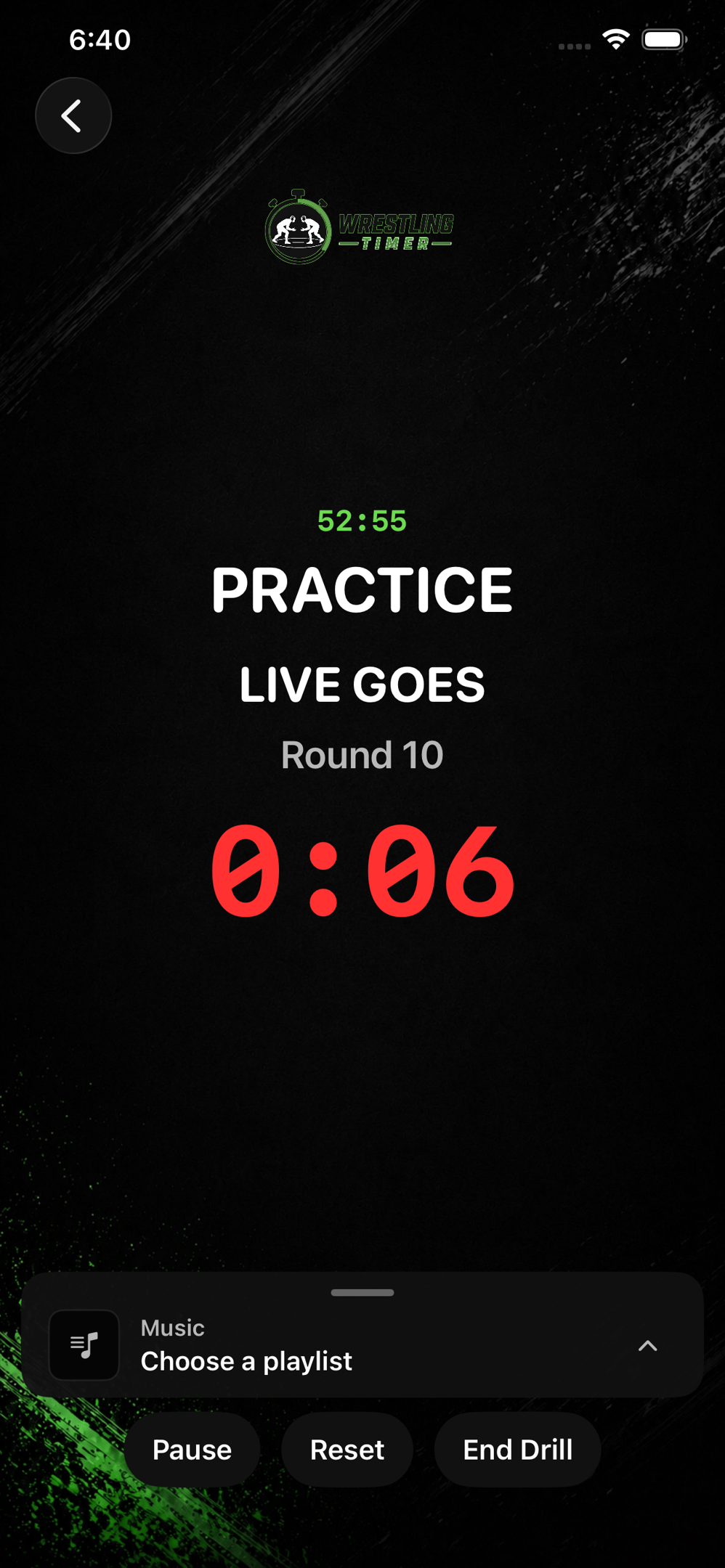 Wrestling Timer live practice screen